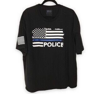Police Thin Blue Line American Flag Black T Shirt Short Sleeve Crew Neck XXL